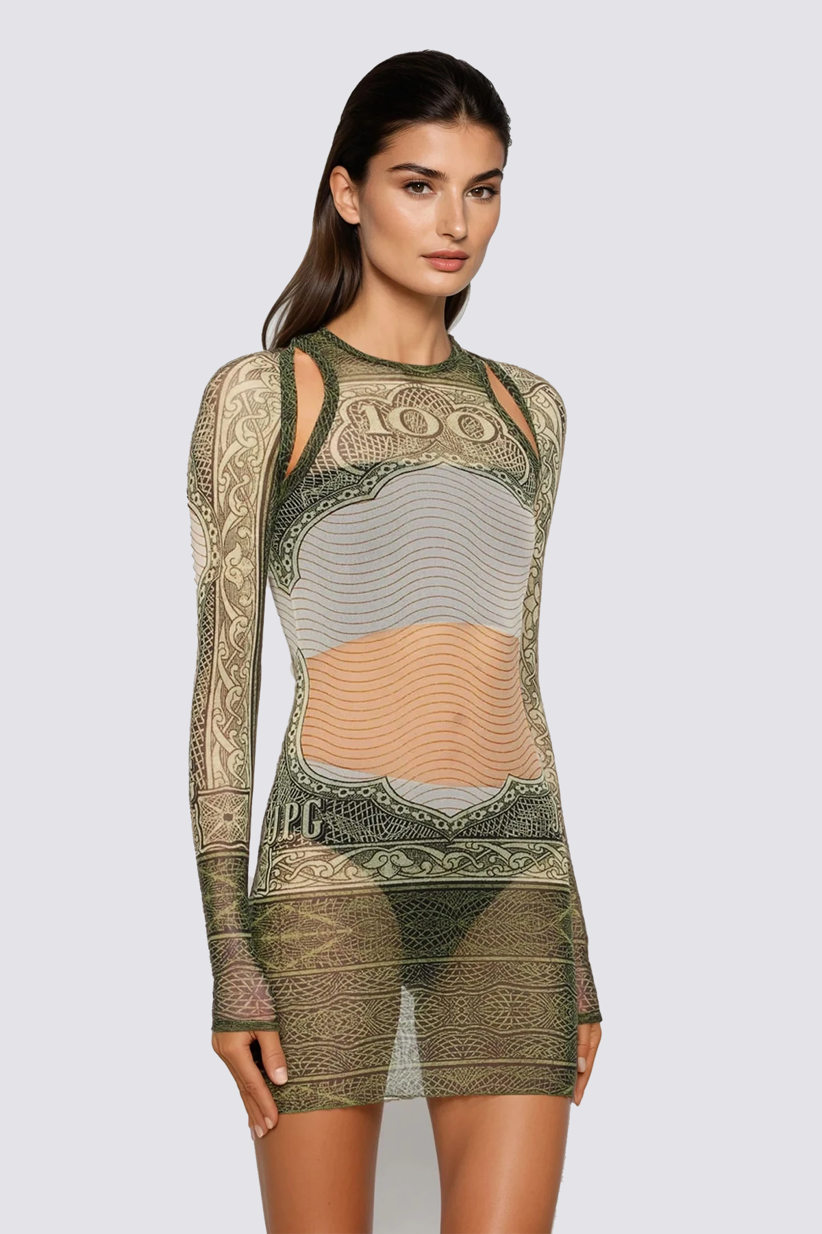 long sleeve printed mesh mini dress KIZN Multicolor Printed Mesh Sheer Bodycon Mini Dress Women's Cocktail Sundress Abstract Swirl Slim Fit Long Sleeve Round Neck Knitted Fabri,M