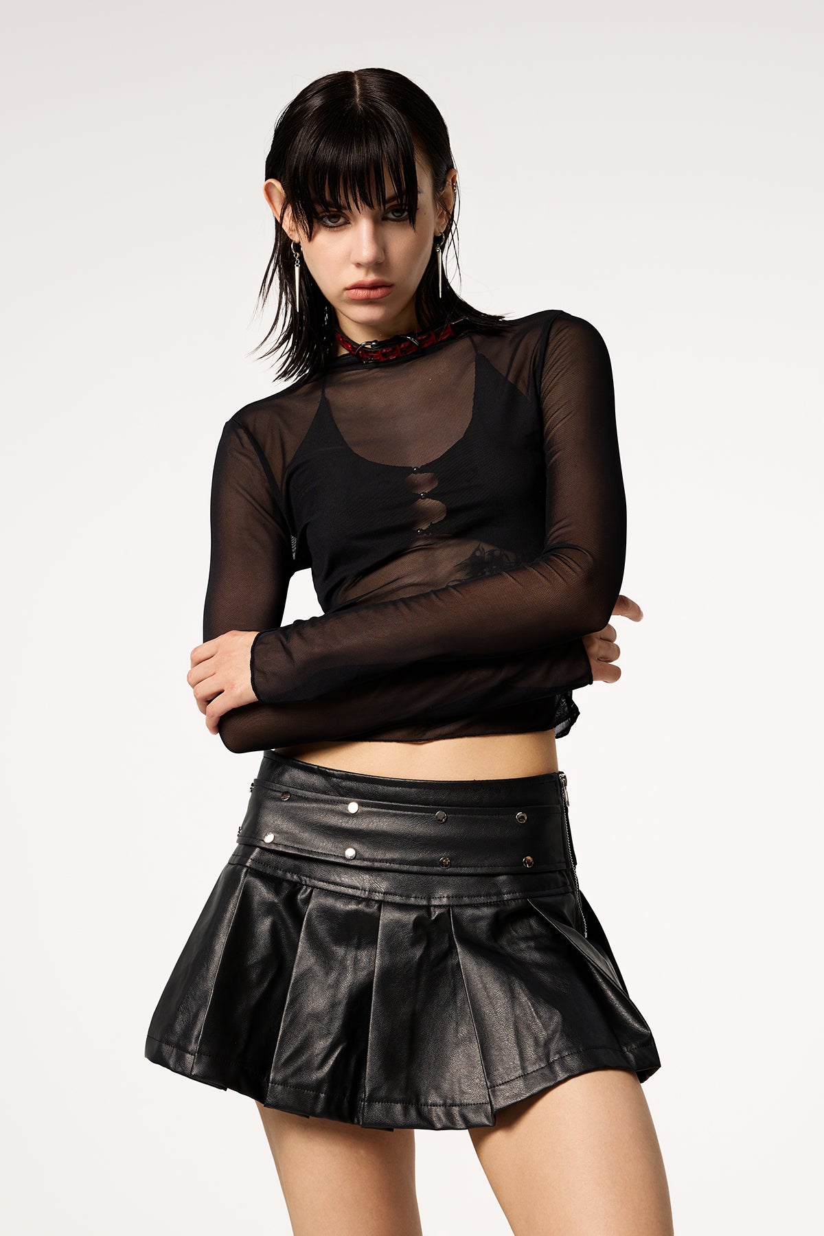 Acid Fang Leather Pleated Mini Skirt