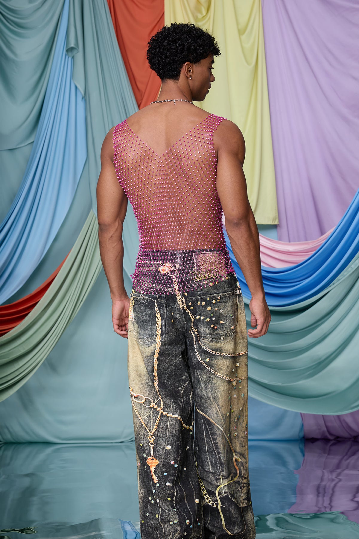 Acid Shine Rhinestone Cutout Tank Top