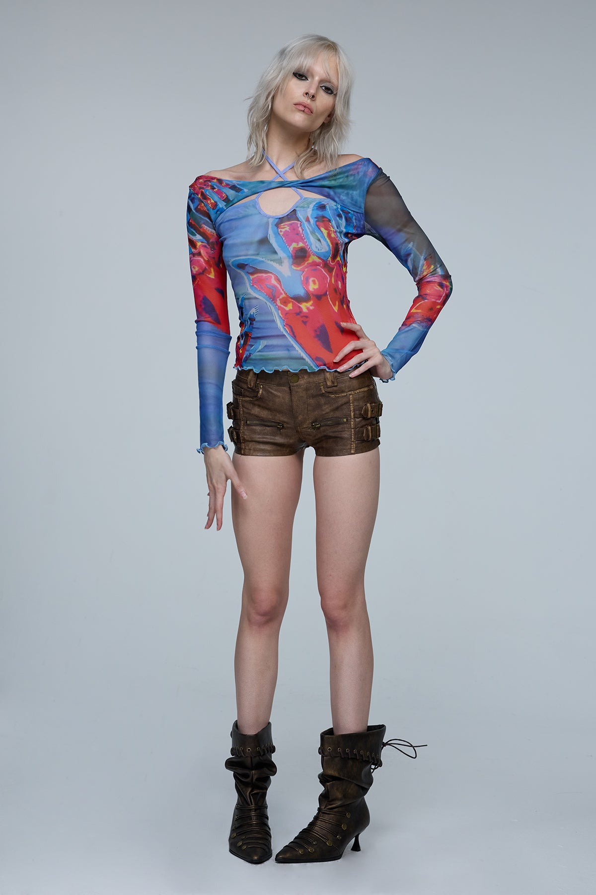 Acid Spark Off Shoulder Print Cutout Top
