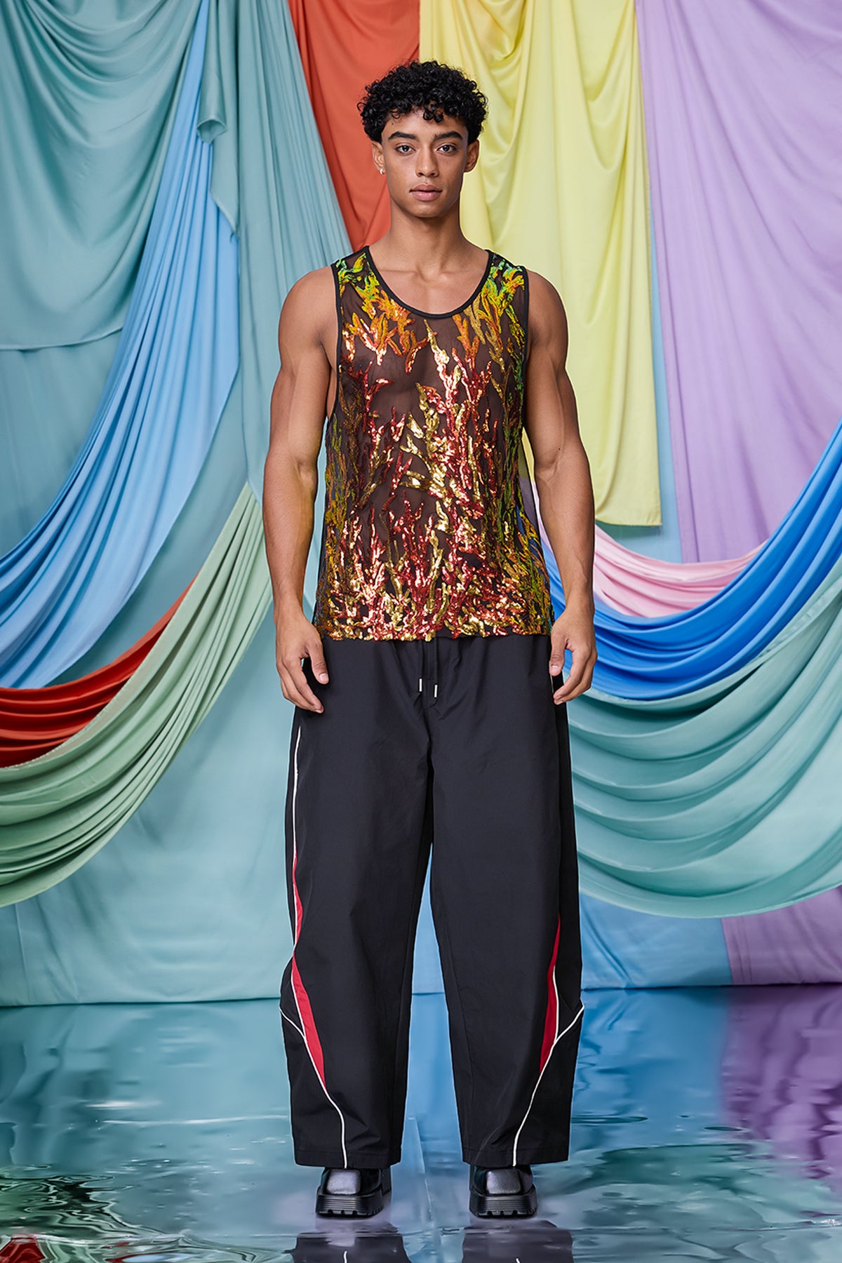 Aether Bond Mesh Sequin Tank Top Orange