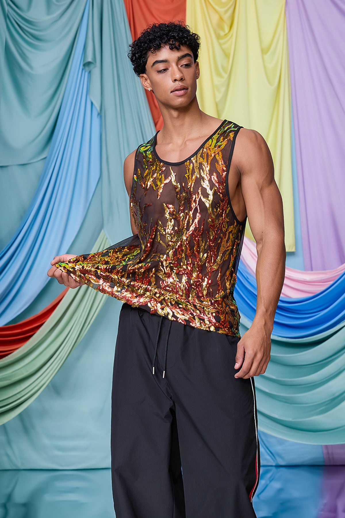 Aether Bond Mesh Sequin Tank Top Orange