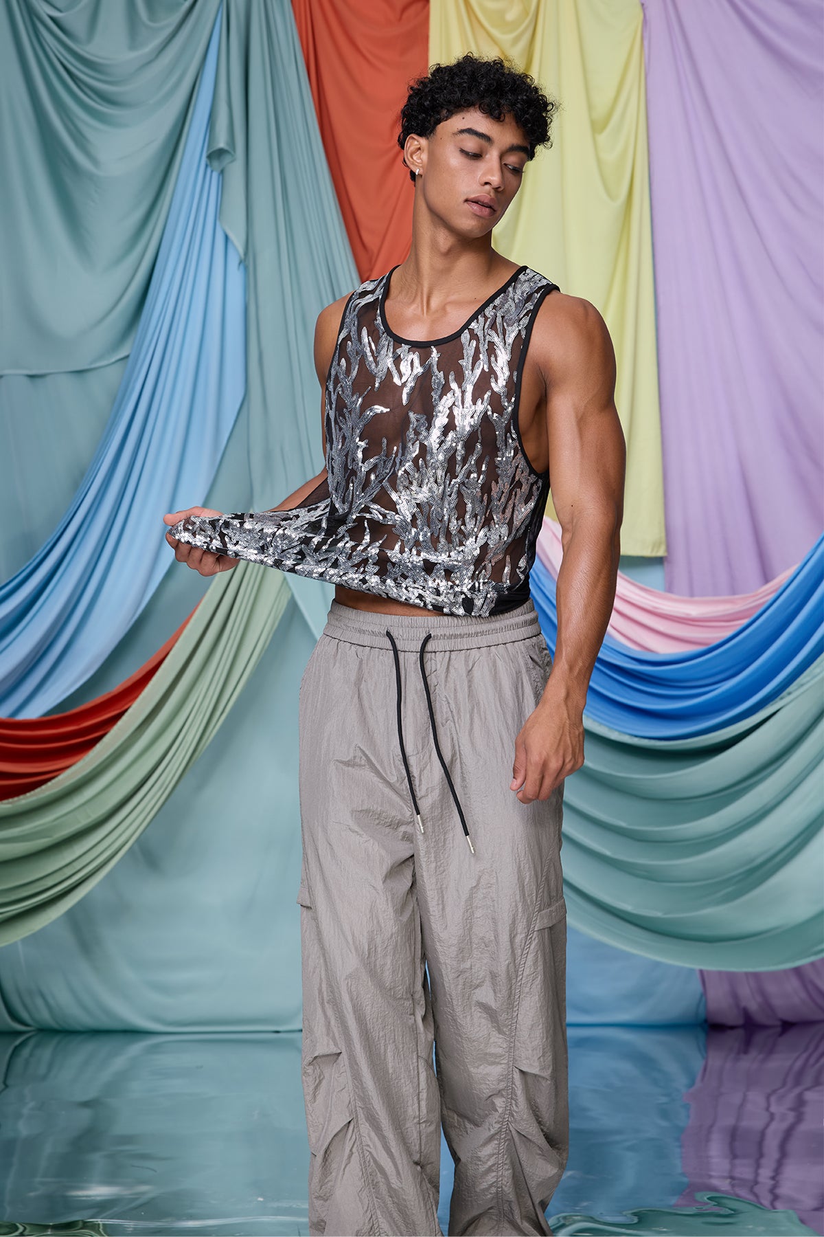 Aether Bond Mesh Sequin Tank Top Silver