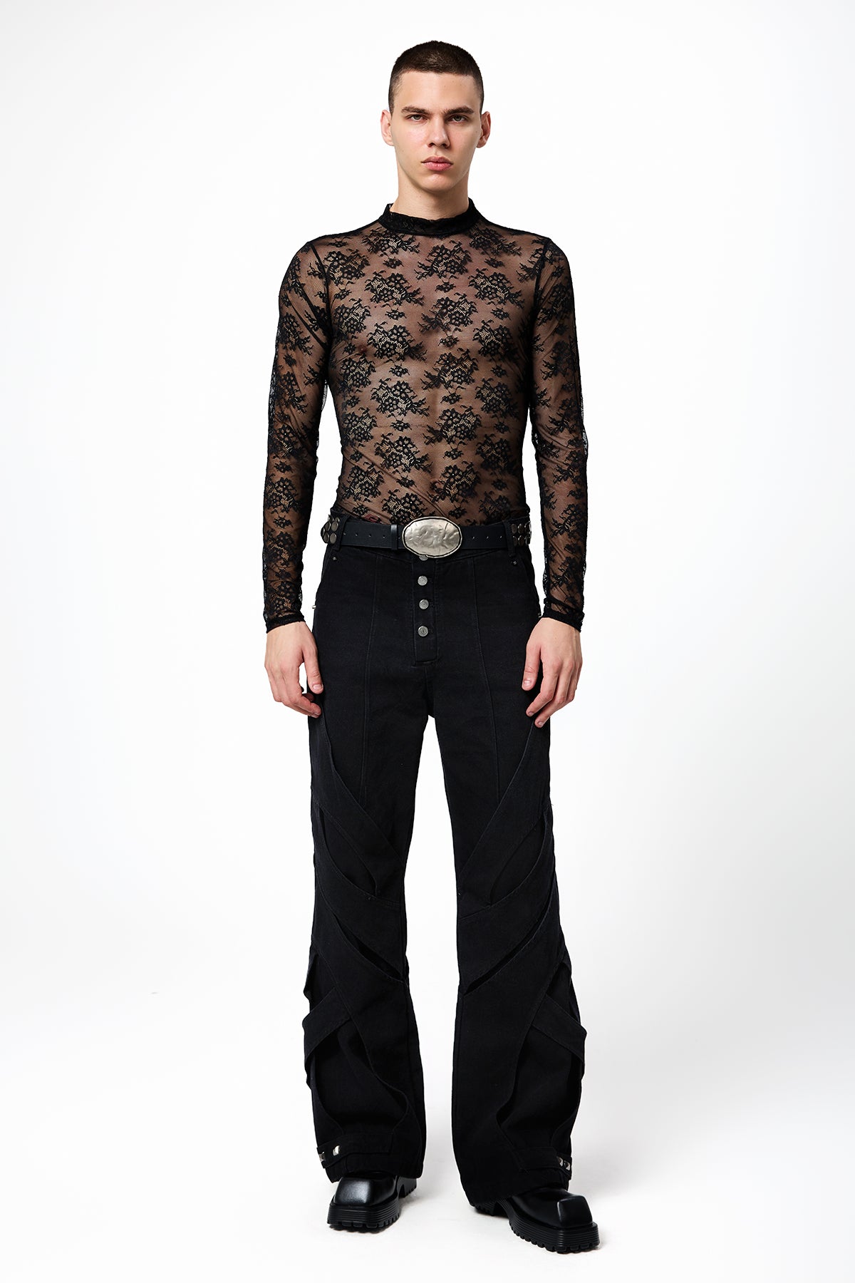 Airy Fabric Lace Up Mesh Top