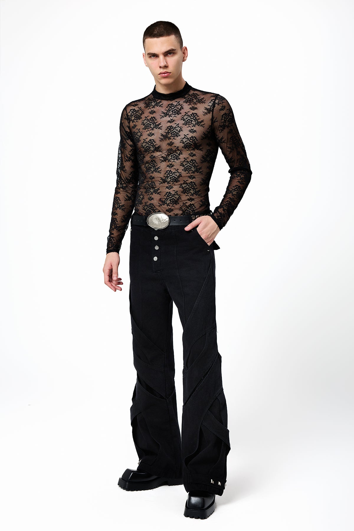 Airy Fabric Lace Up Mesh Top