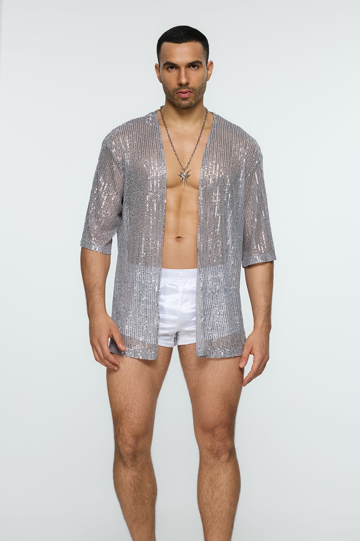 Alpha Stud Sequin Open Front Shirt Grey
