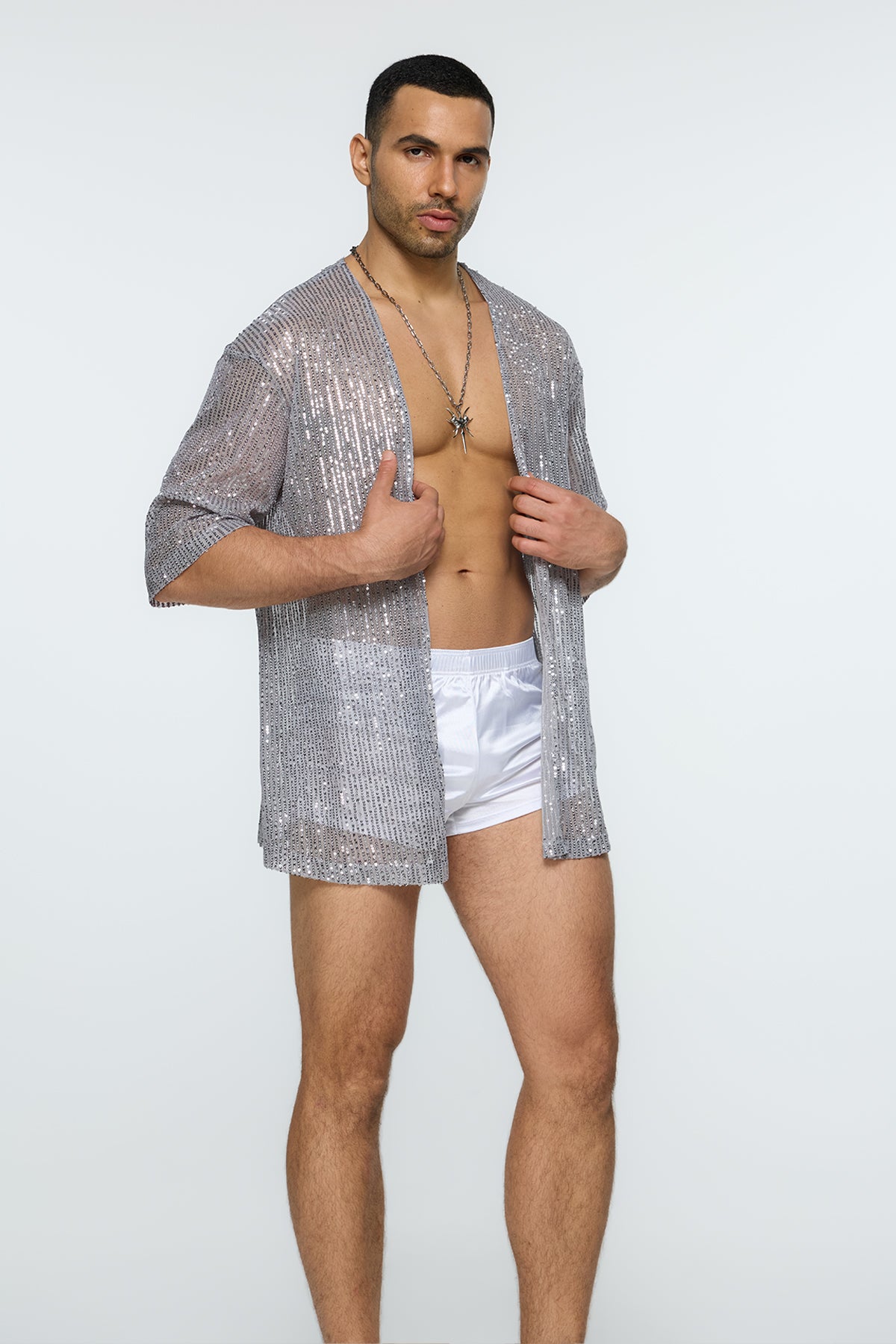 Alpha Stud Sequin Open Front Shirt Grey