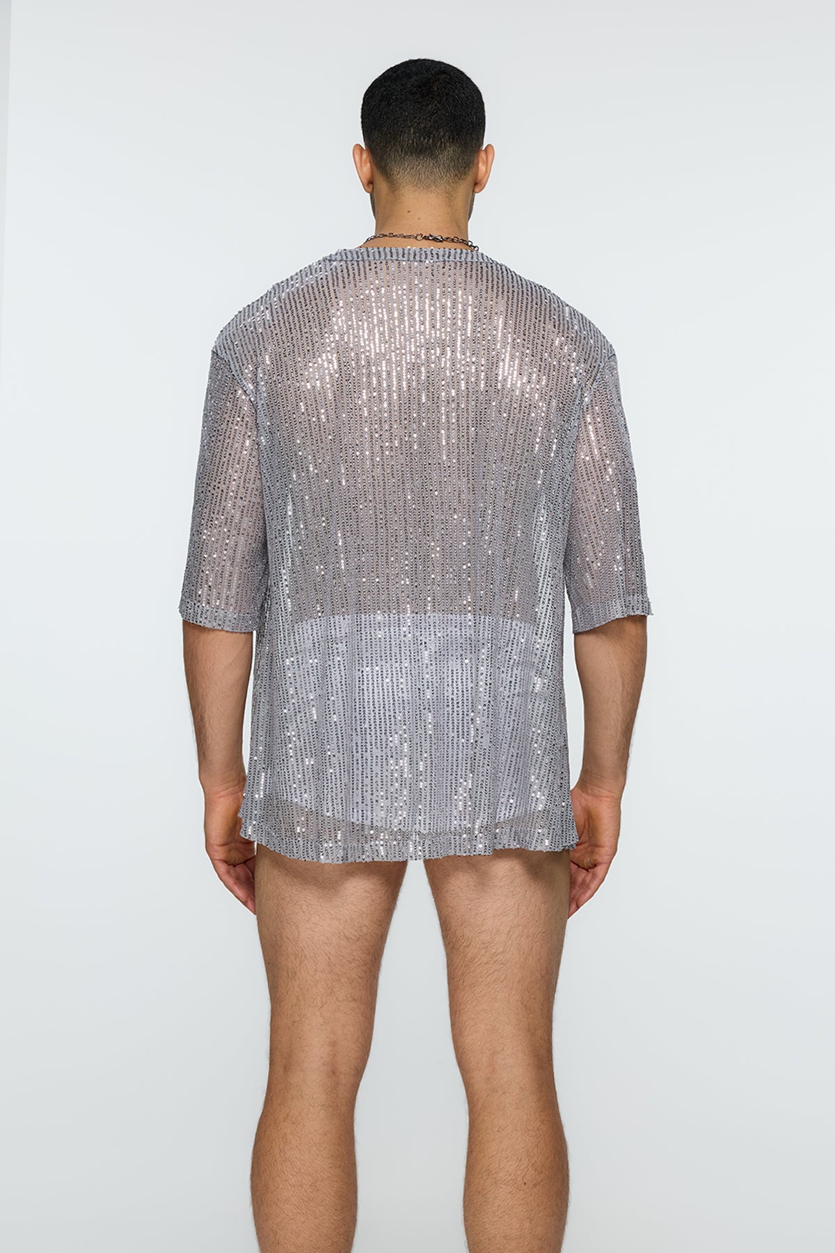 Alpha Stud Sequin Open Front Shirt Grey