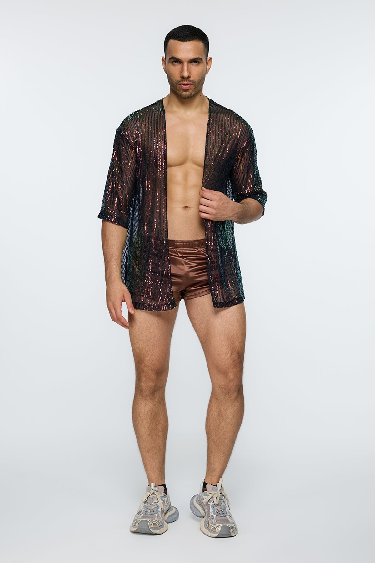 Alpha Stud Sequin Open Front Shirt Multi