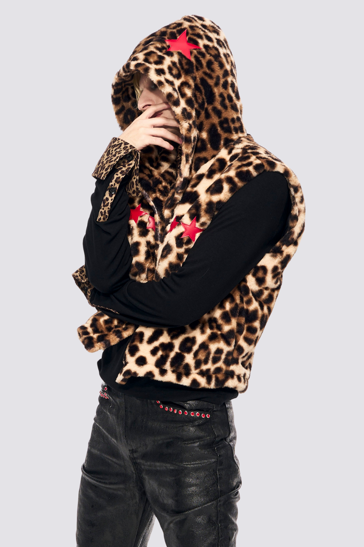 Animal Clash Fur Crop Hooded Vest