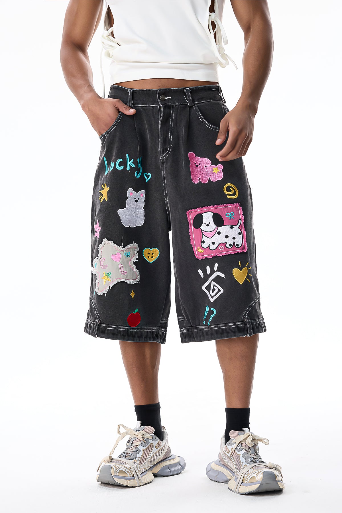 Arc Layer Embroidered Denim Capri Pants