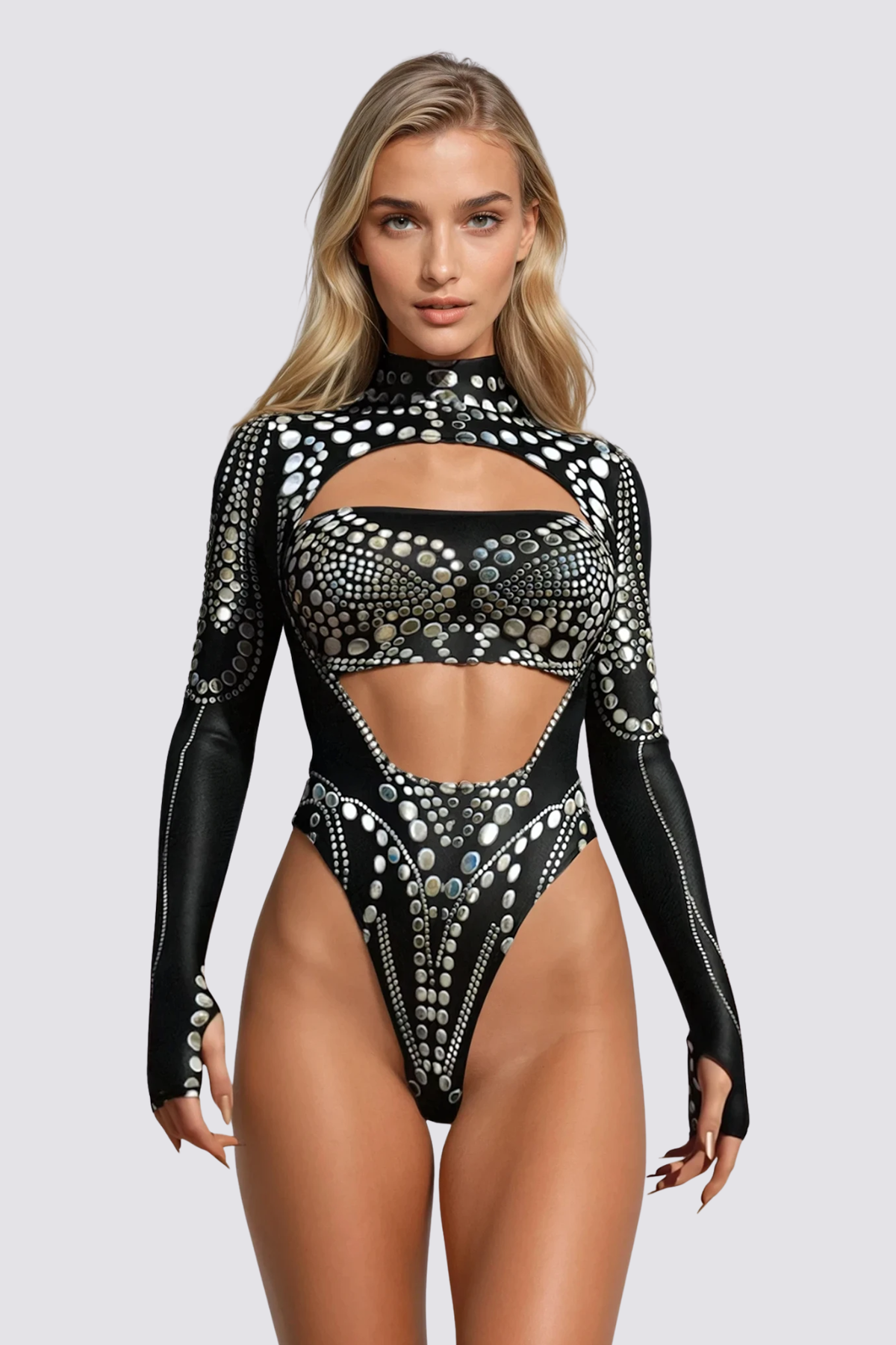 Basic Print Cutout Long Sleeve Bodysuit