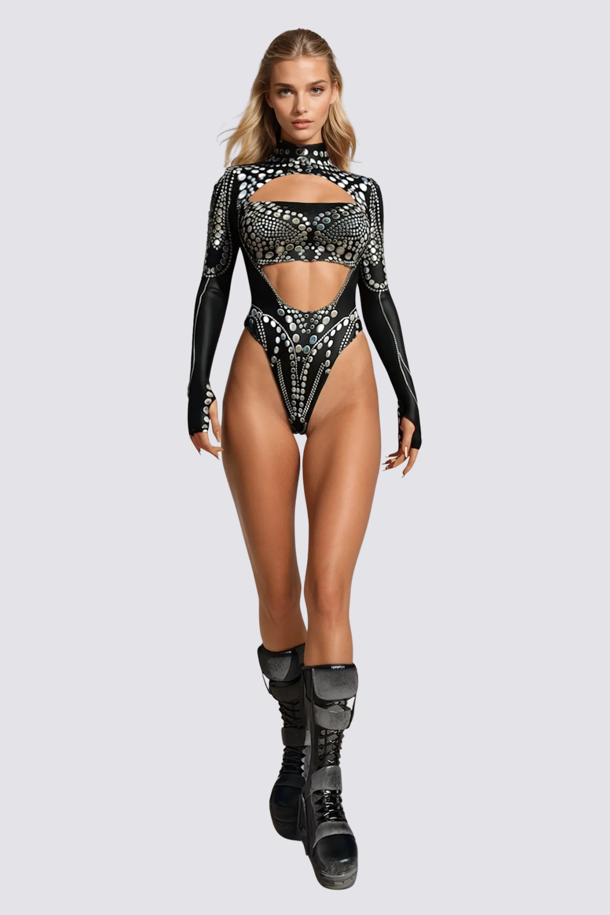 Basic Print Cutout Long Sleeve Bodysuit