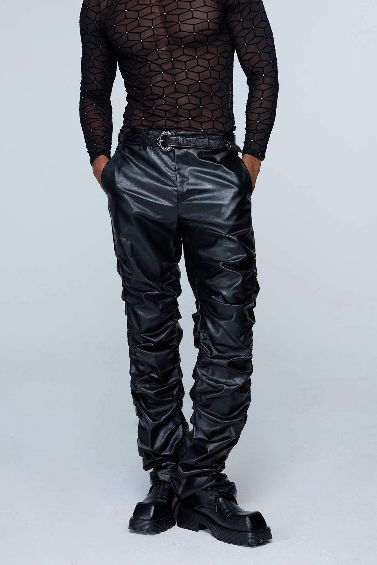 Binary Layer Leather Straight Ruched Pants