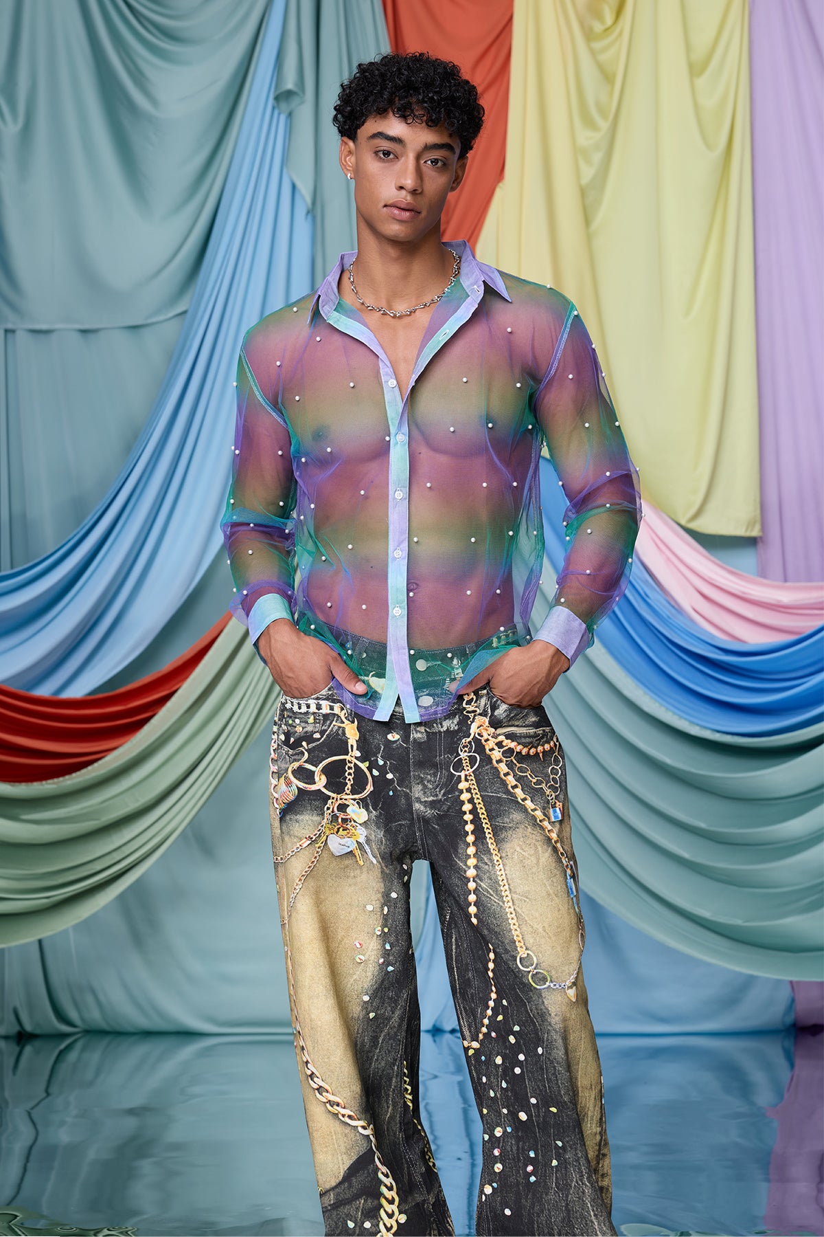 Binary Texture Pearl Mesh Long Sleeve Shirt