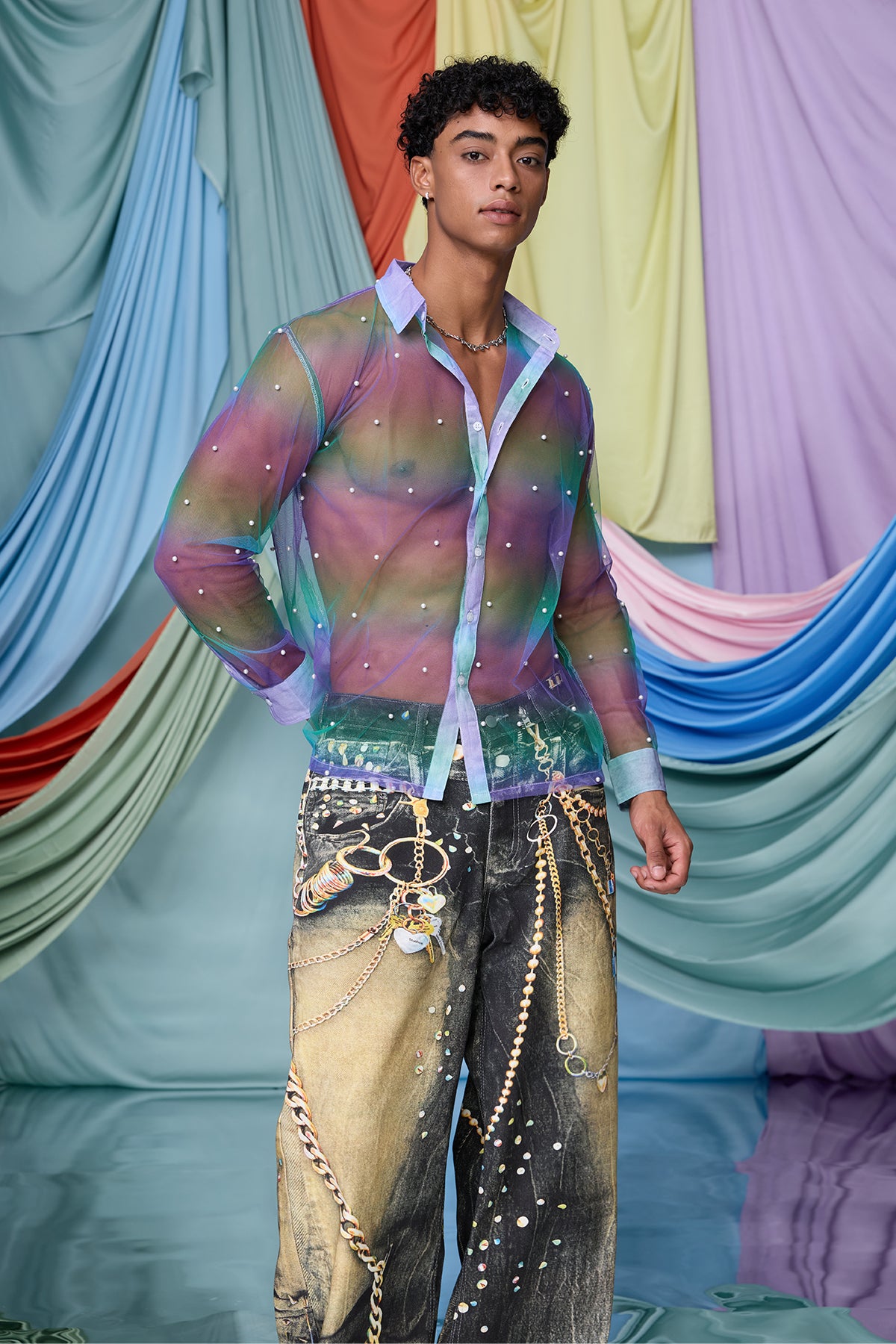 Binary Texture Pearl Mesh Long Sleeve Shirt