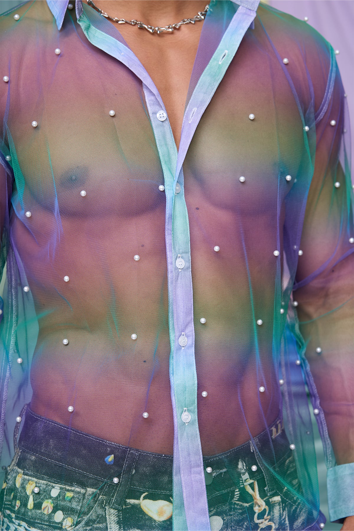 Binary Texture Pearl Mesh Long Sleeve Shirt