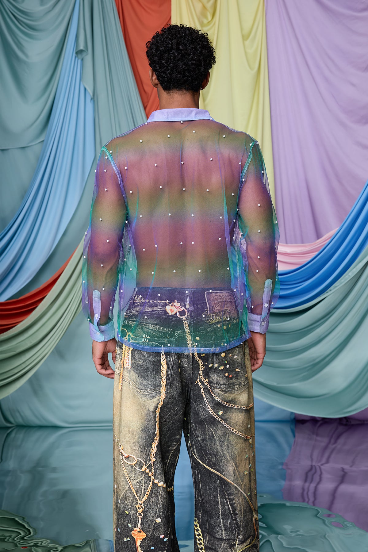 Binary Texture Pearl Mesh Long Sleeve Shirt