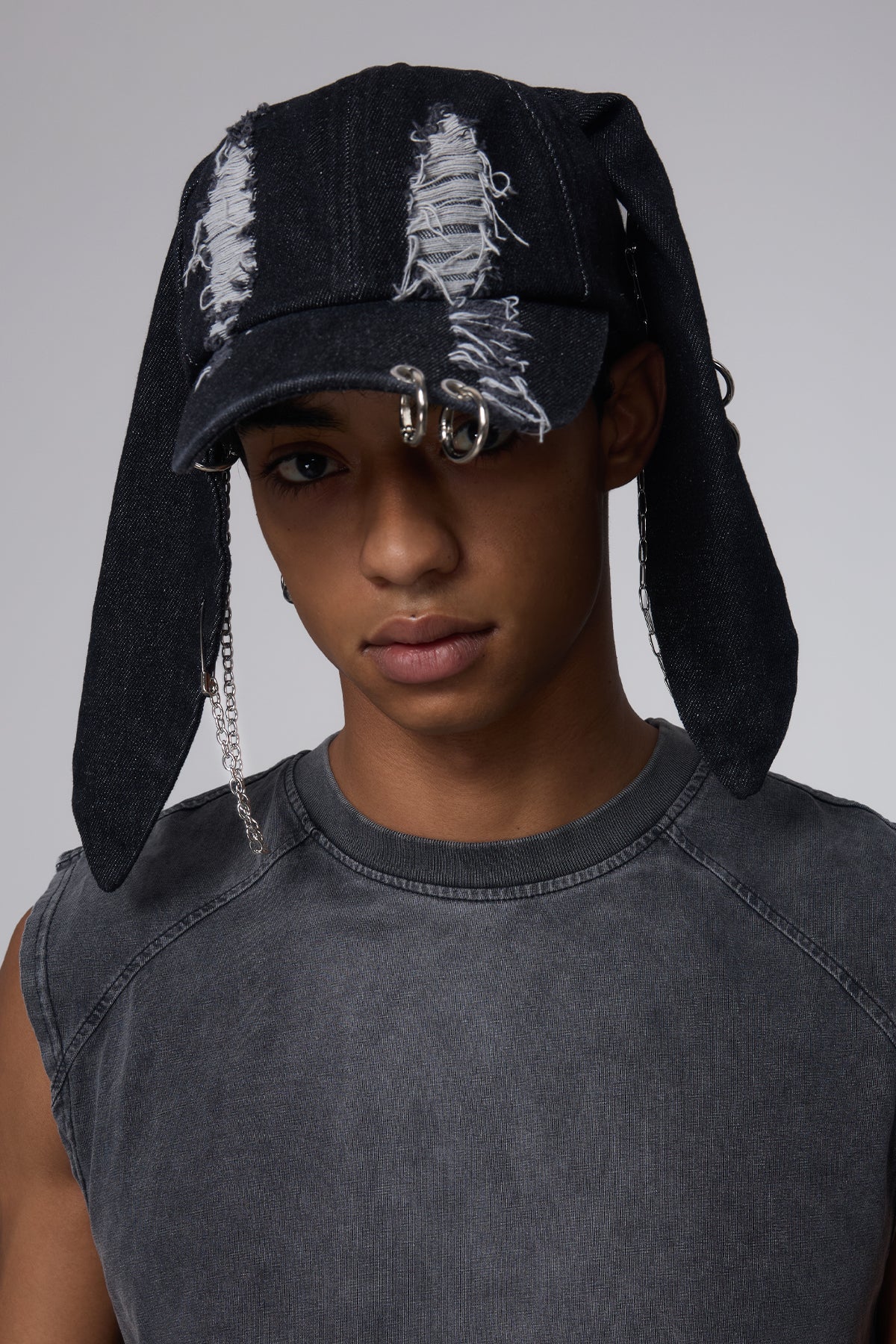 Black Rise Bunny Ear Ripped Baseball Cap