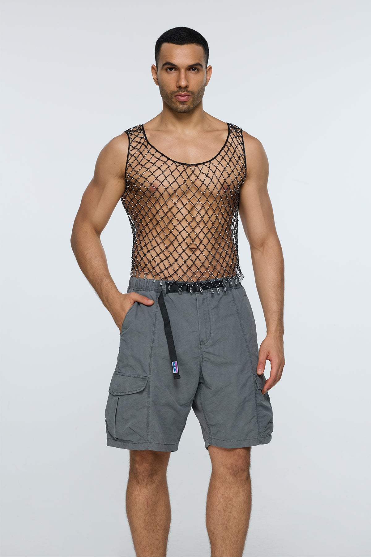 Blank Zero Rhinestone Mesh Tank Top