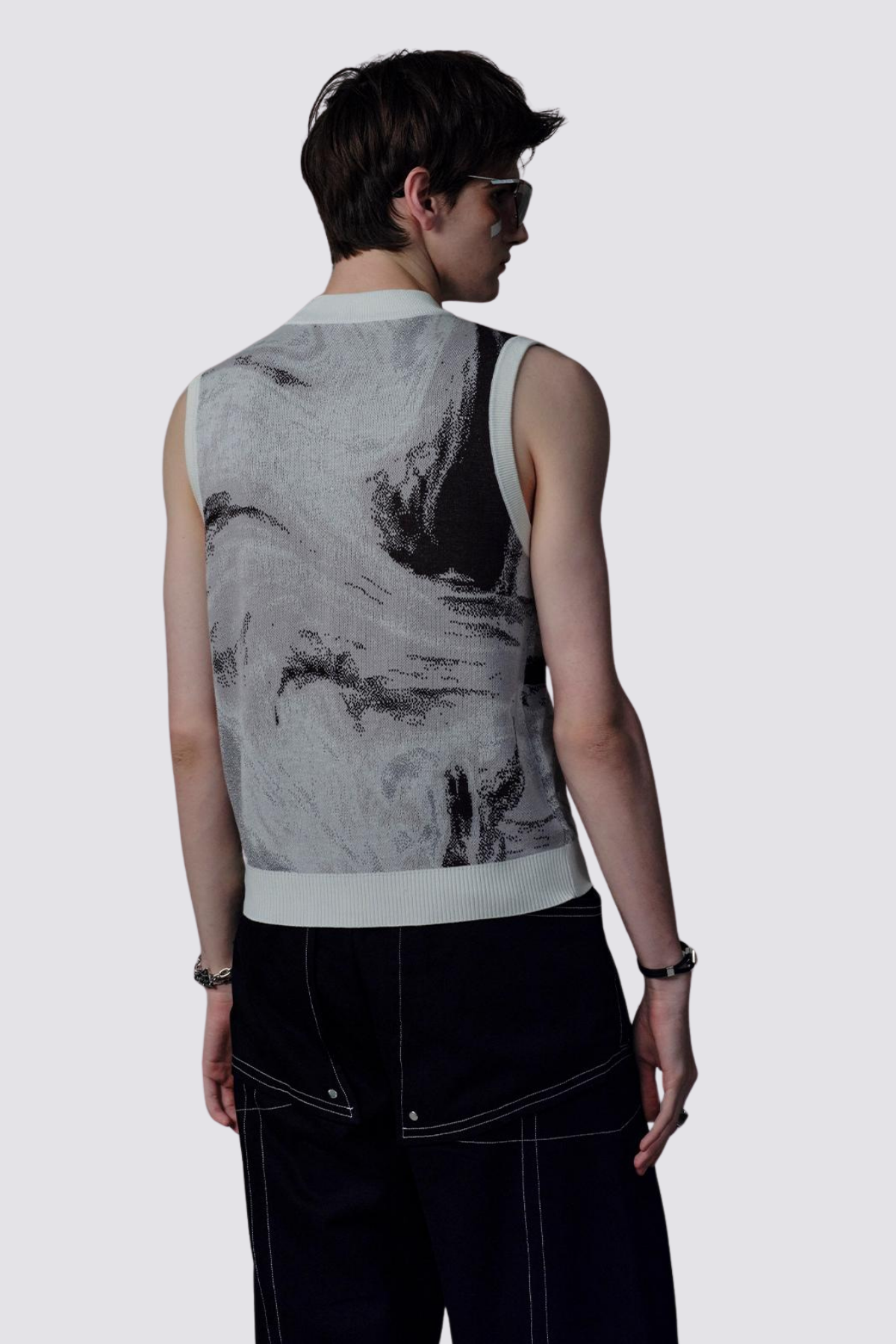 Bleak Pattern Jacquard Zipper Sleeveless Top White