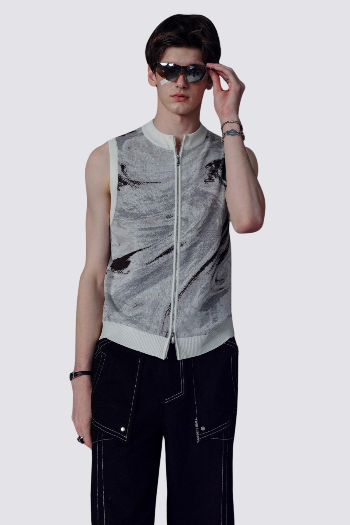 Bleak Pattern Jacquard Zipper Sleeveless Top White