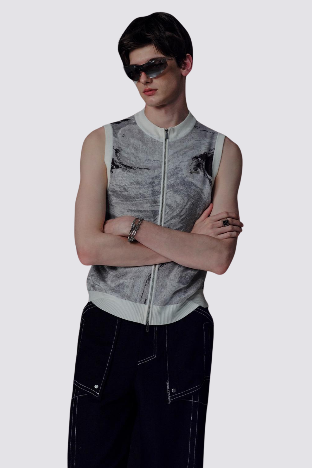 Bleak Pattern Jacquard Zipper Sleeveless Top White