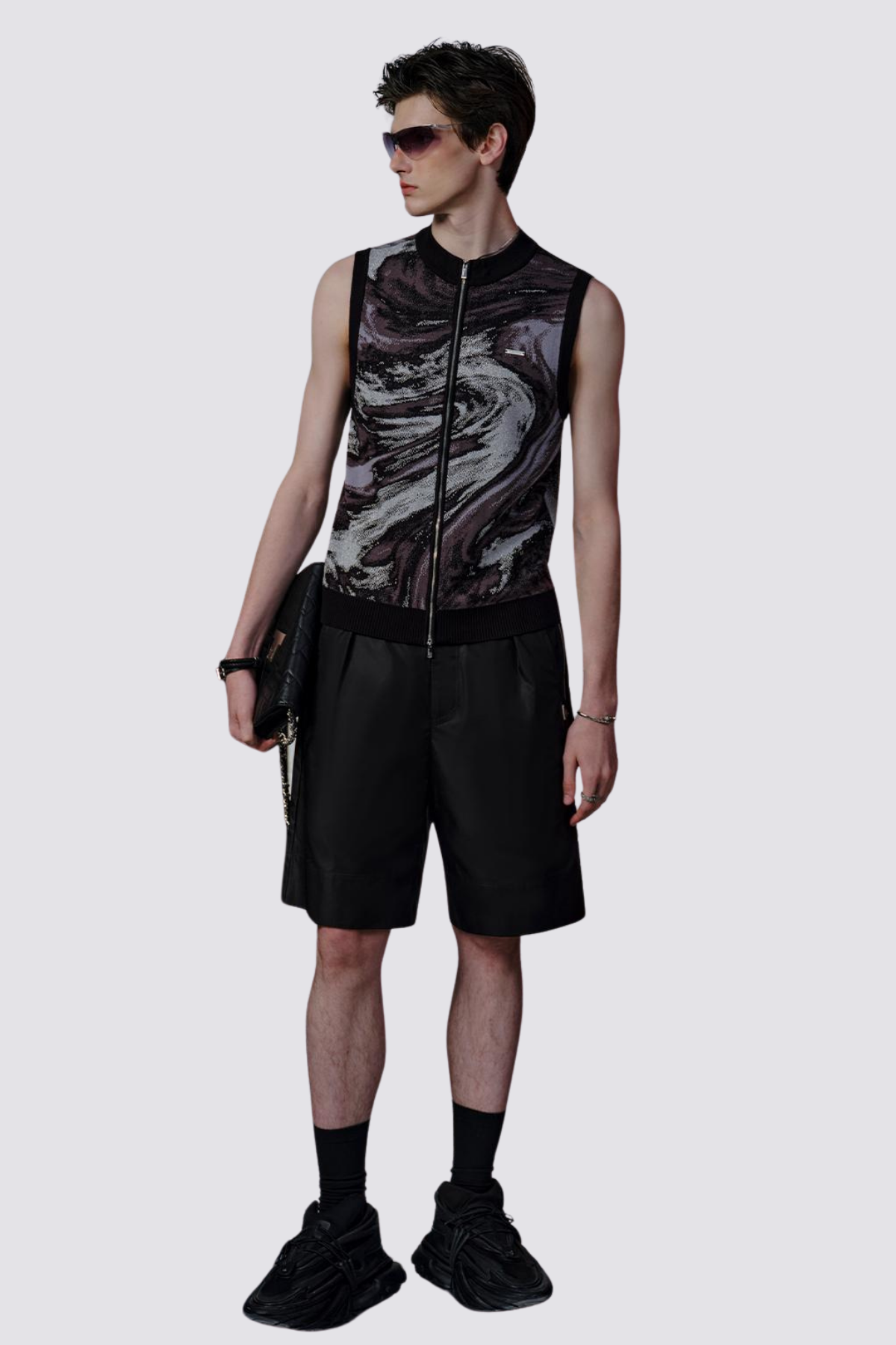 Bleak Pattern Jacquard Zipper Sleeveless Top