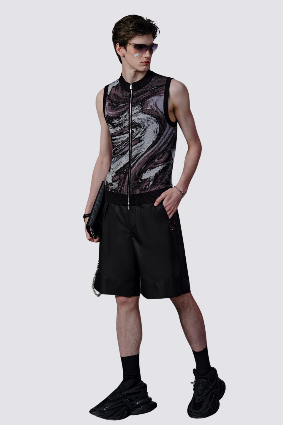 Bleak Pattern Jacquard Zipper Sleeveless Top