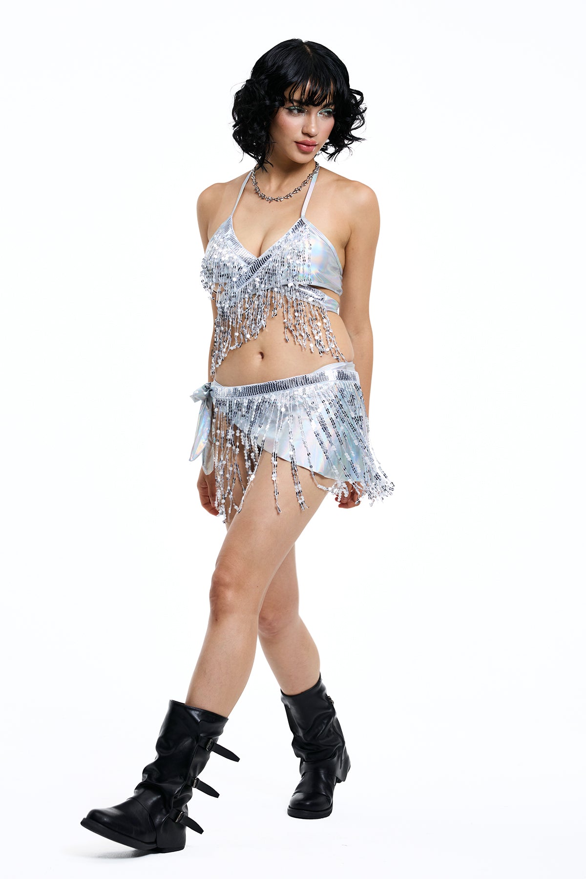 Bling Beam Fringe Sequin Bikini Three Piece Set