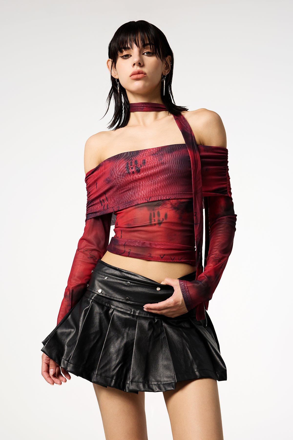 Bloody Rose Off Shoulder Dye Mesh Top