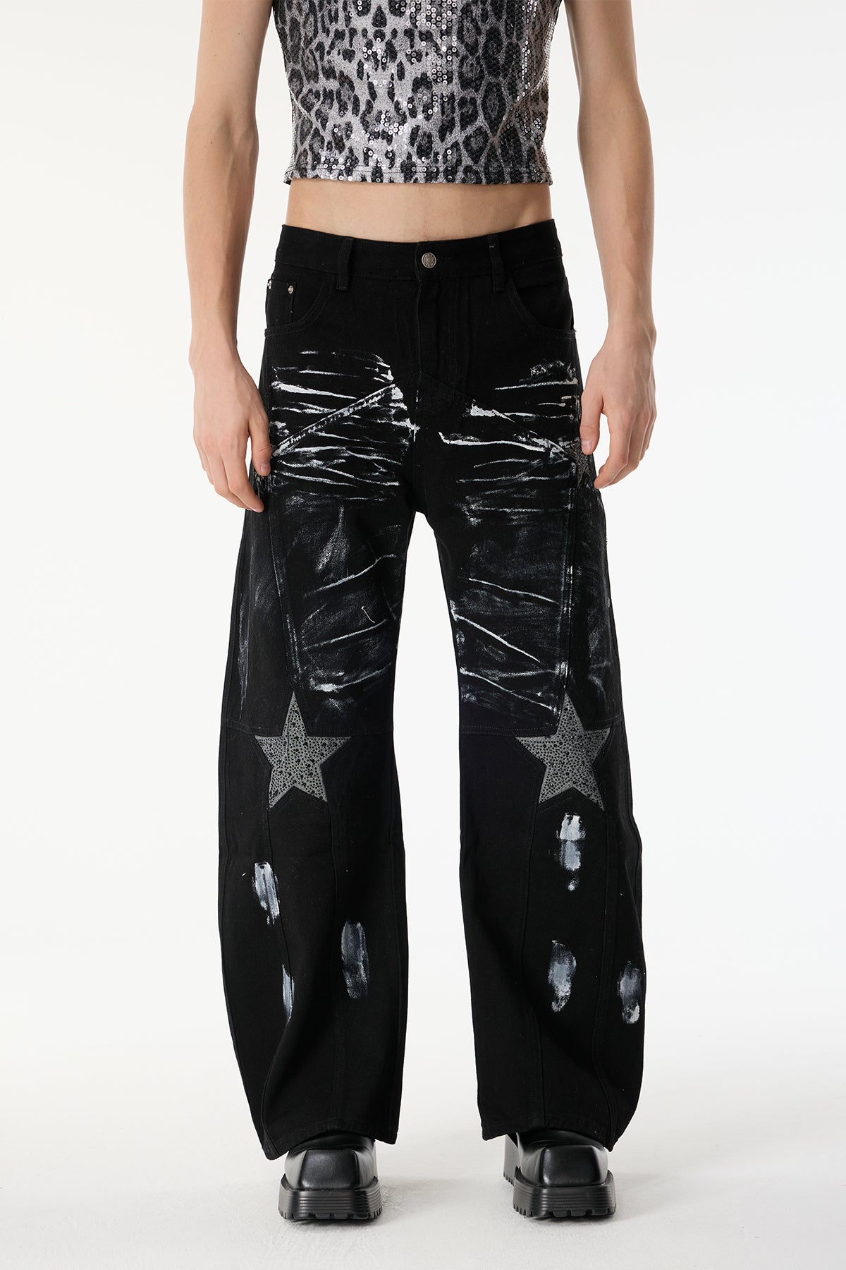 Blur Strip Rhinestone Wide Leg Jeans