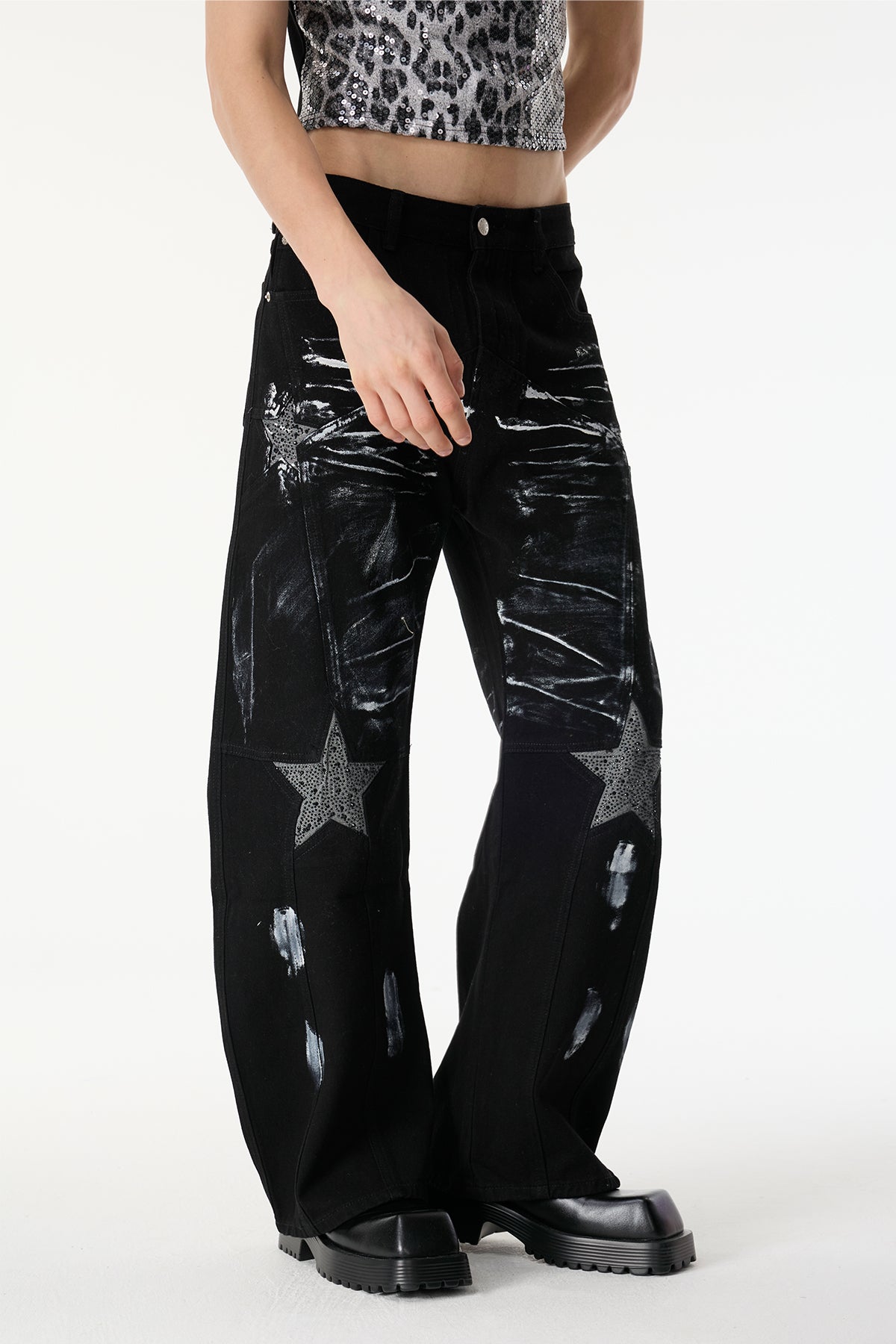 Blur Strip Rhinestone Wide Leg Jeans