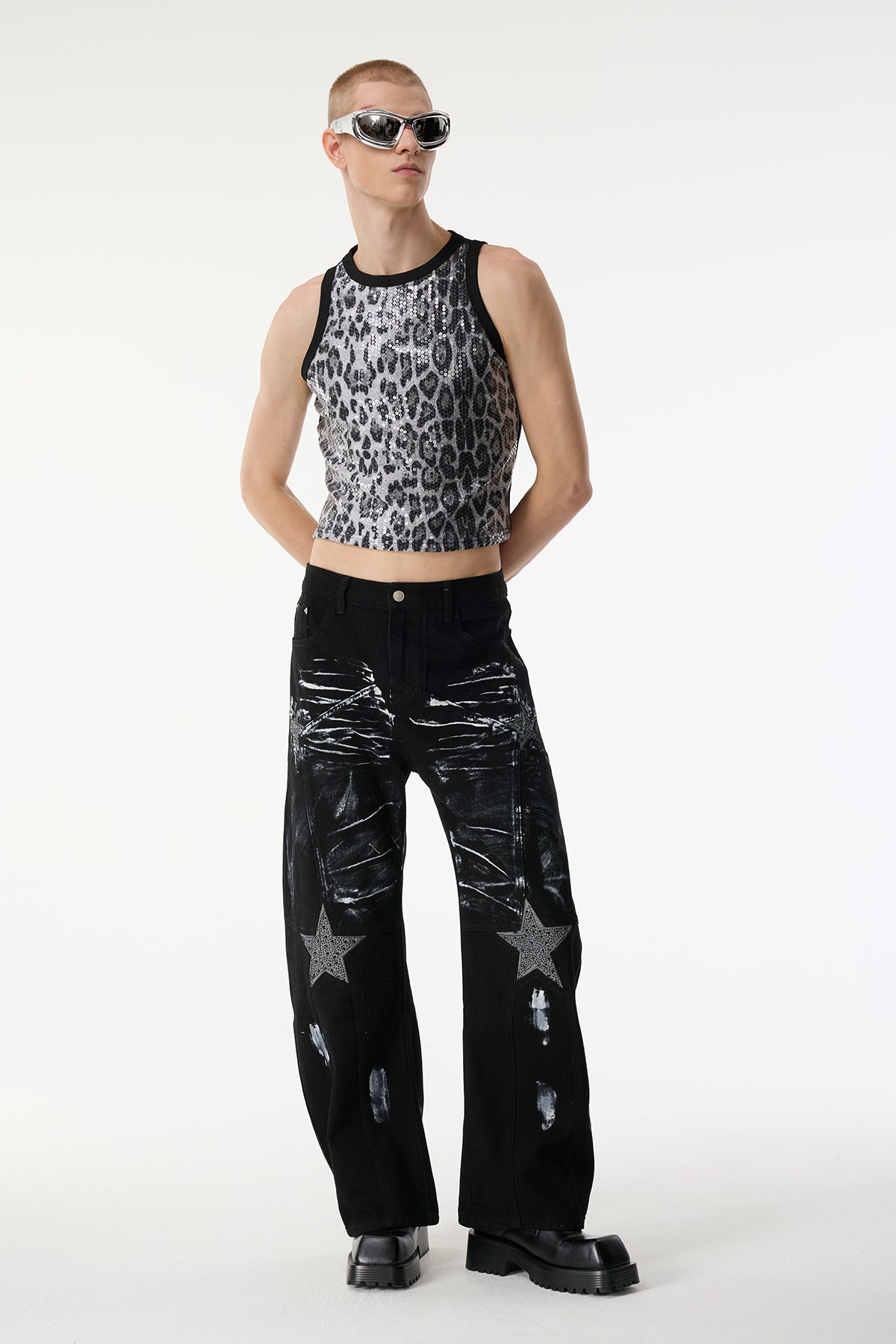 Blur Strip Rhinestone Wide Leg Jeans