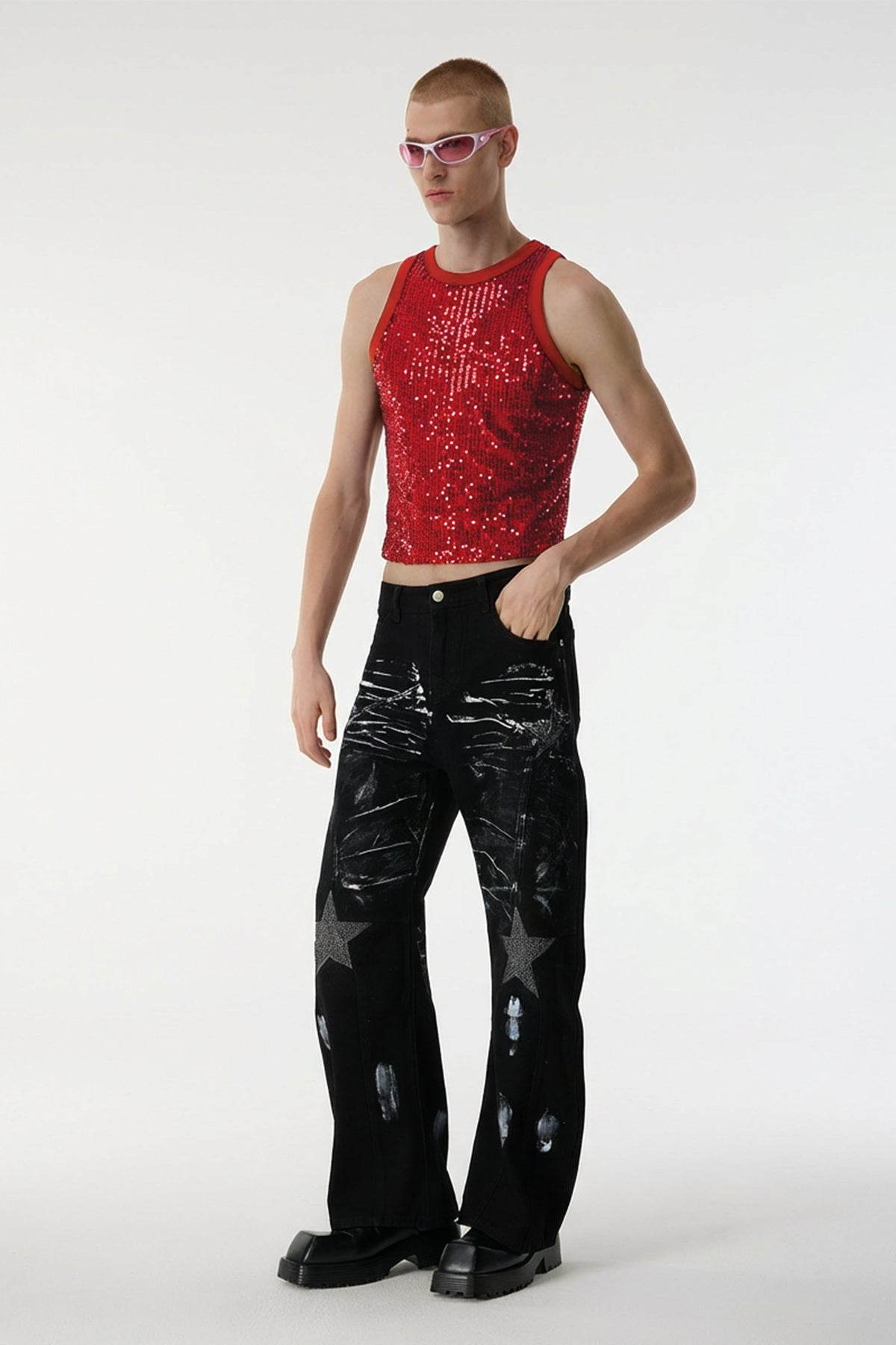 Body Spark Sequin Sleeveless Crop Top Red