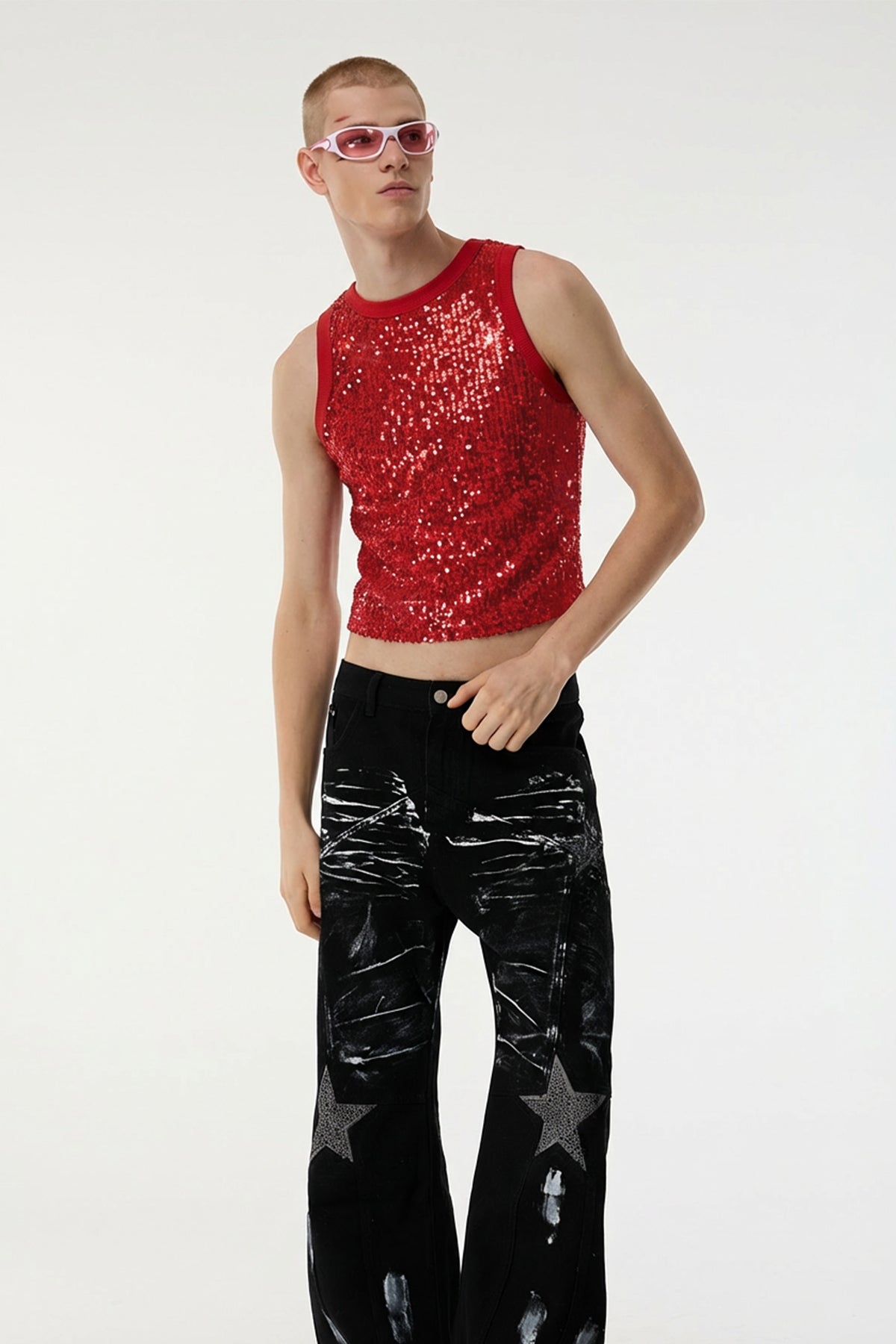 Body Spark Sequin Sleeveless Crop Top Red
