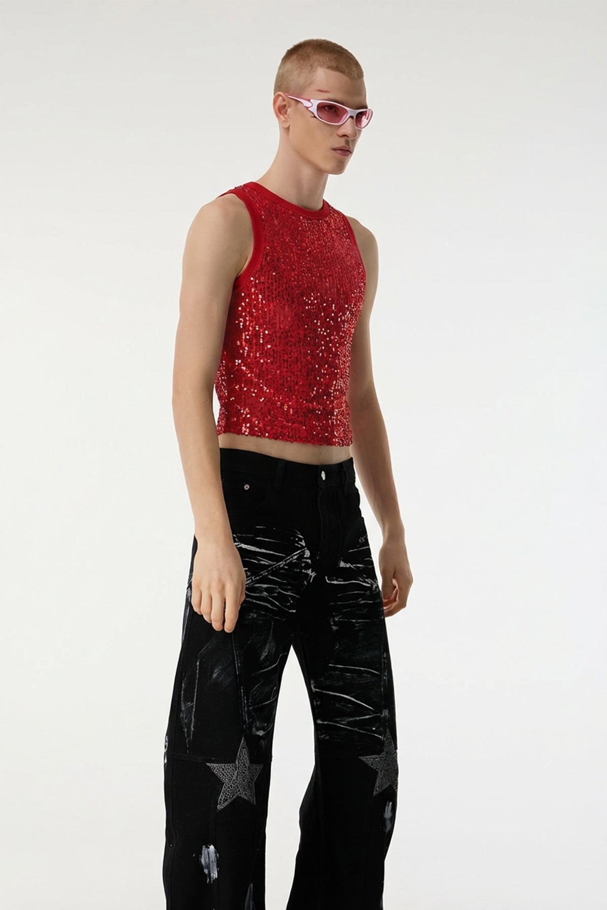 Body Spark Sequin Sleeveless Crop Top Red