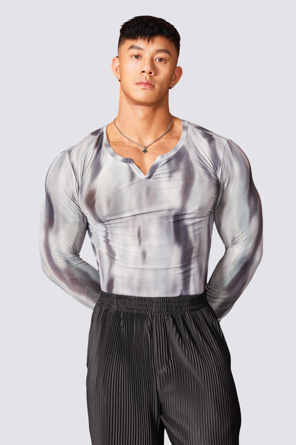 Breeze Fade V Neck Mesh Long Sleeve Top