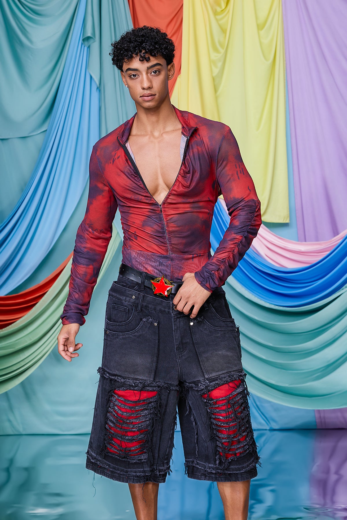 Clean Mist Print Zipper Mesh Top Red
