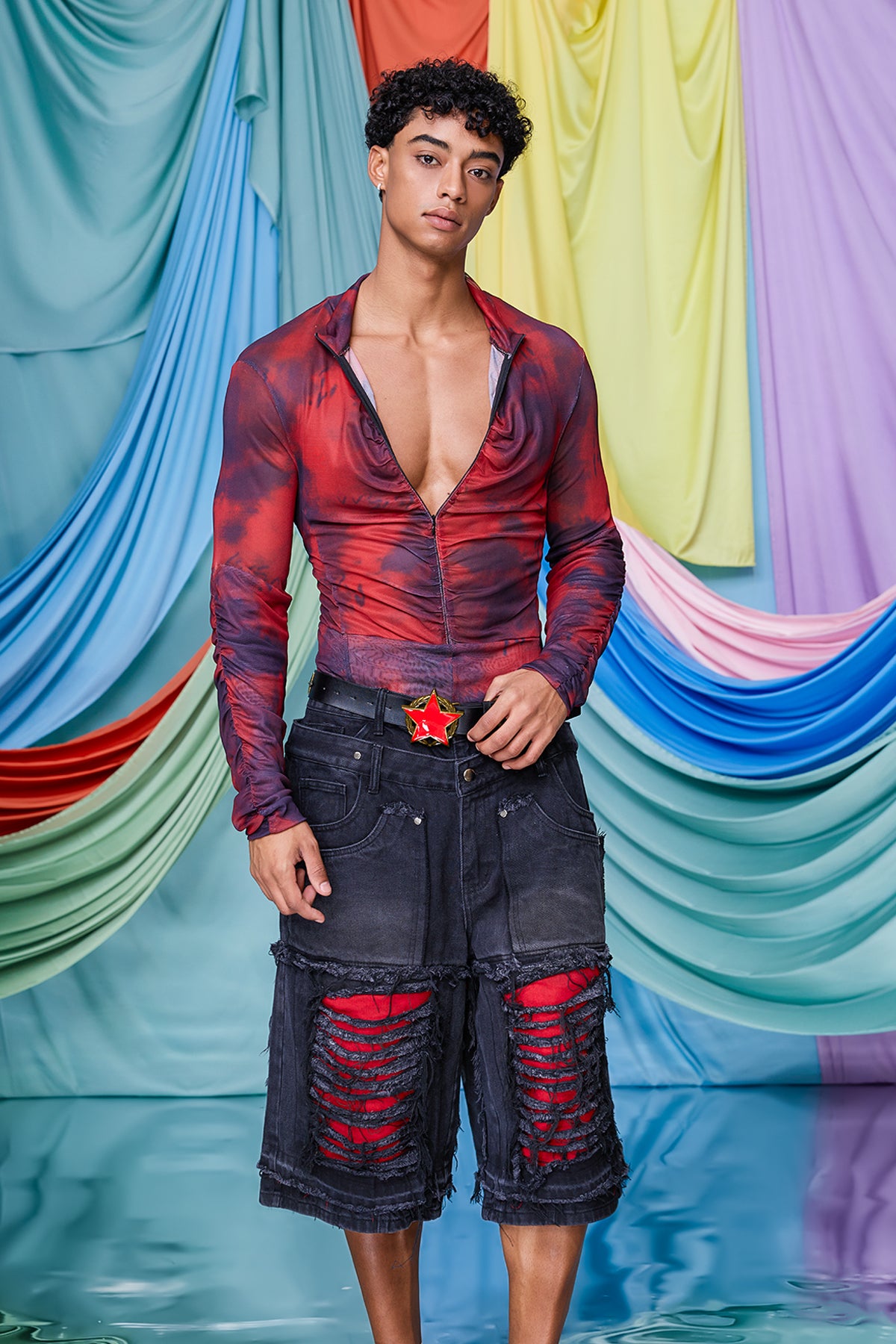 Clean Mist Print Zipper Mesh Top Red