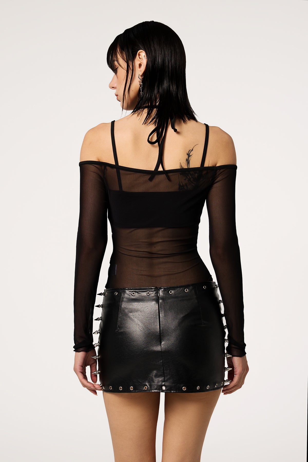 Cold Curve Long Sleeve Off Shoulder Mesh Hollow Out Button bodysuit