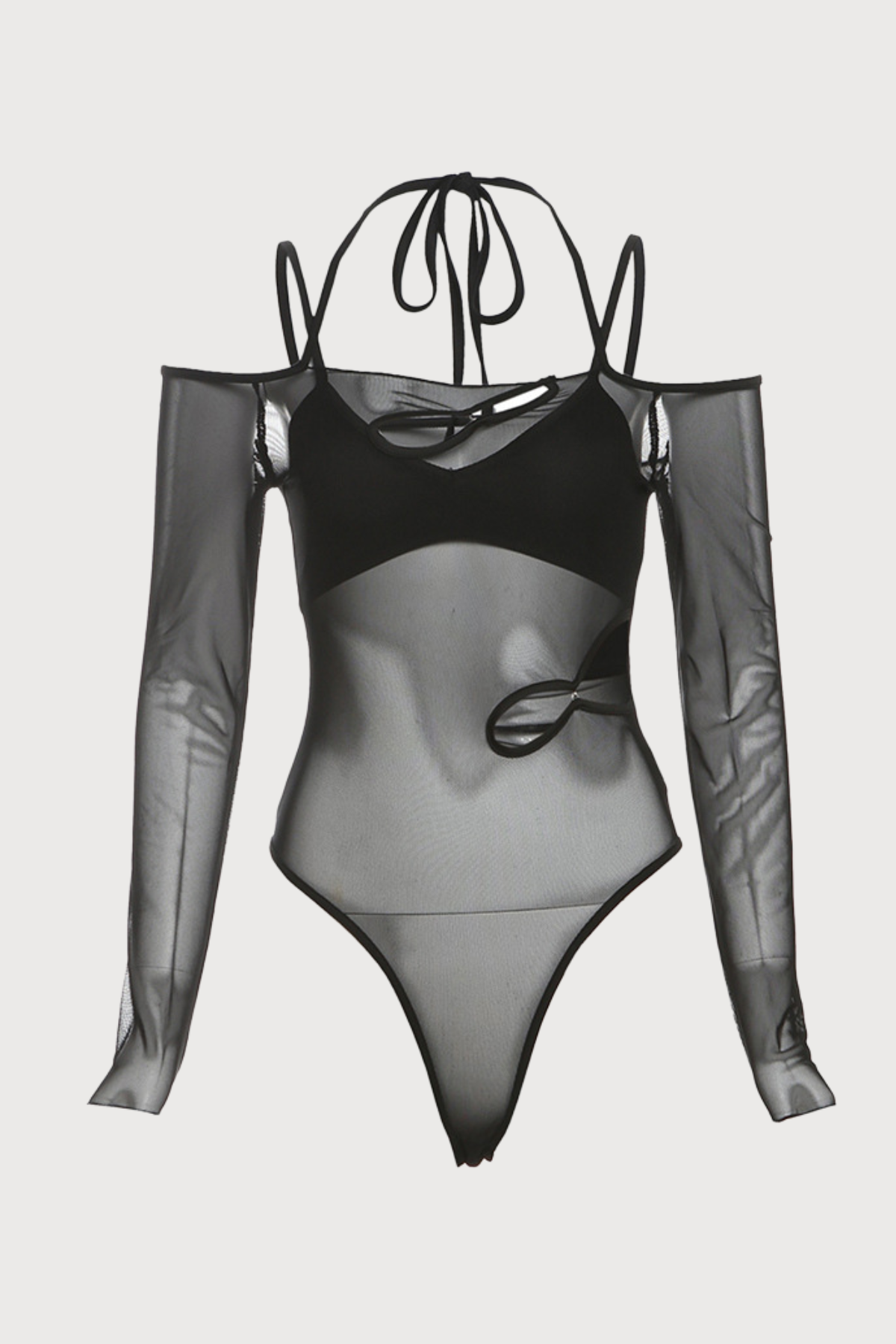 Cold Curve Long Sleeve Off Shoulder Mesh Hollow Out Button bodysuit