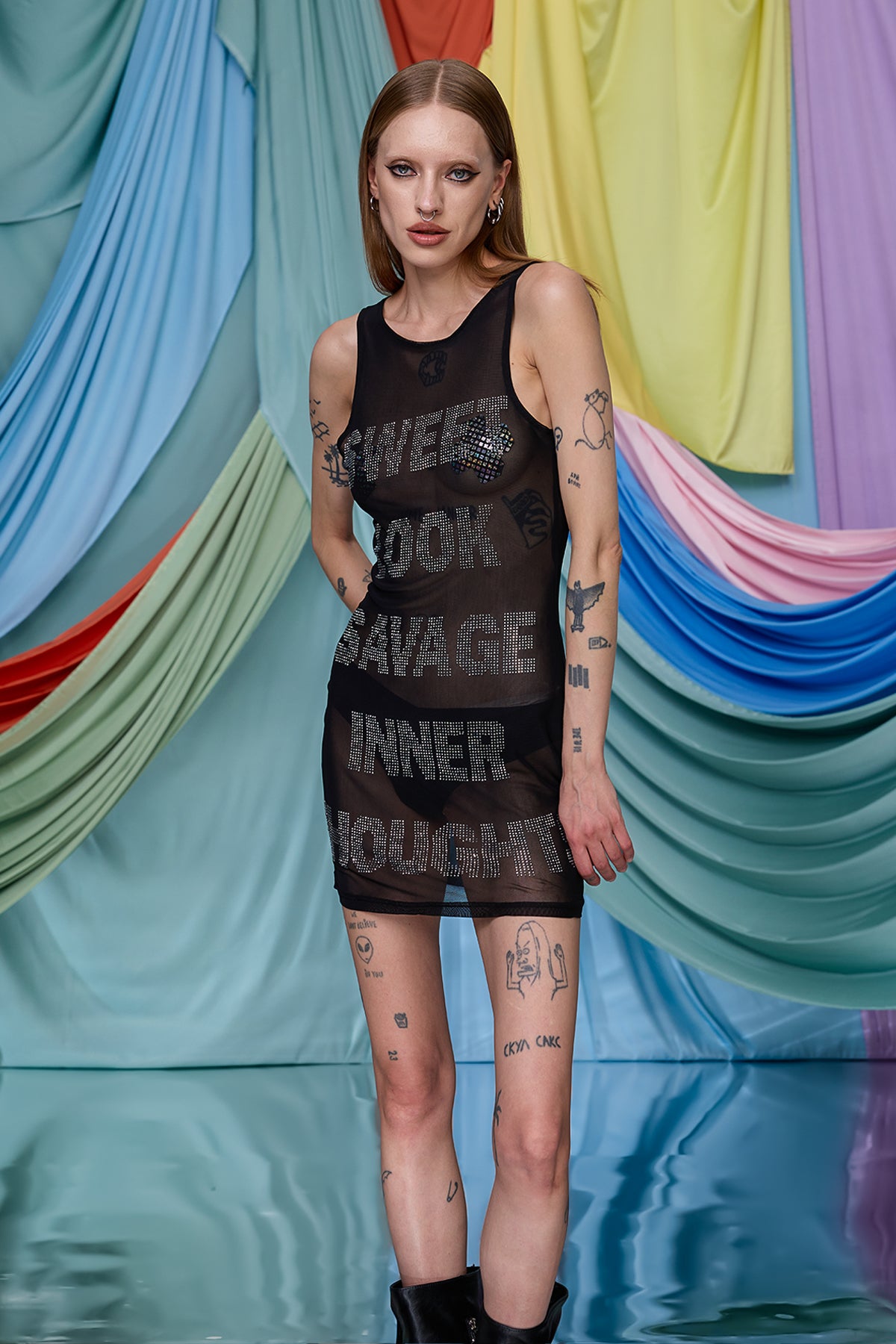 Composite Wear Mesh Rhinestone Mini Dress