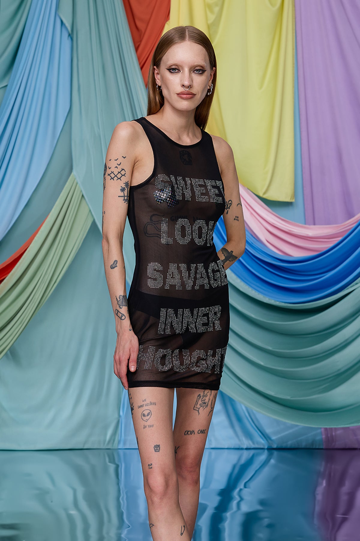 Composite Wear Mesh Rhinestone Mini Dress