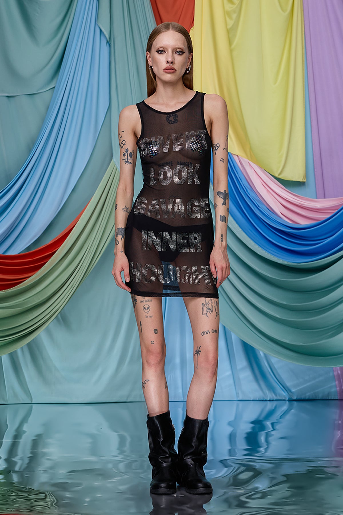 Composite Wear Mesh Rhinestone Mini Dress
