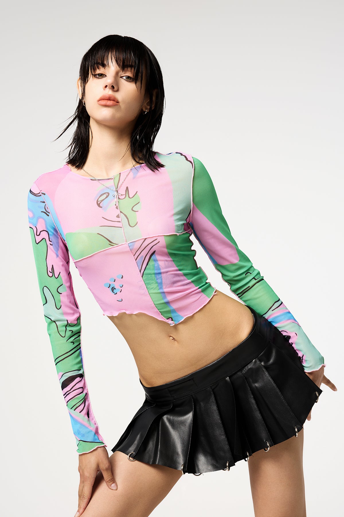 Contrast Mark Long Sleeve Y2K Printed Ruffle Crop Top