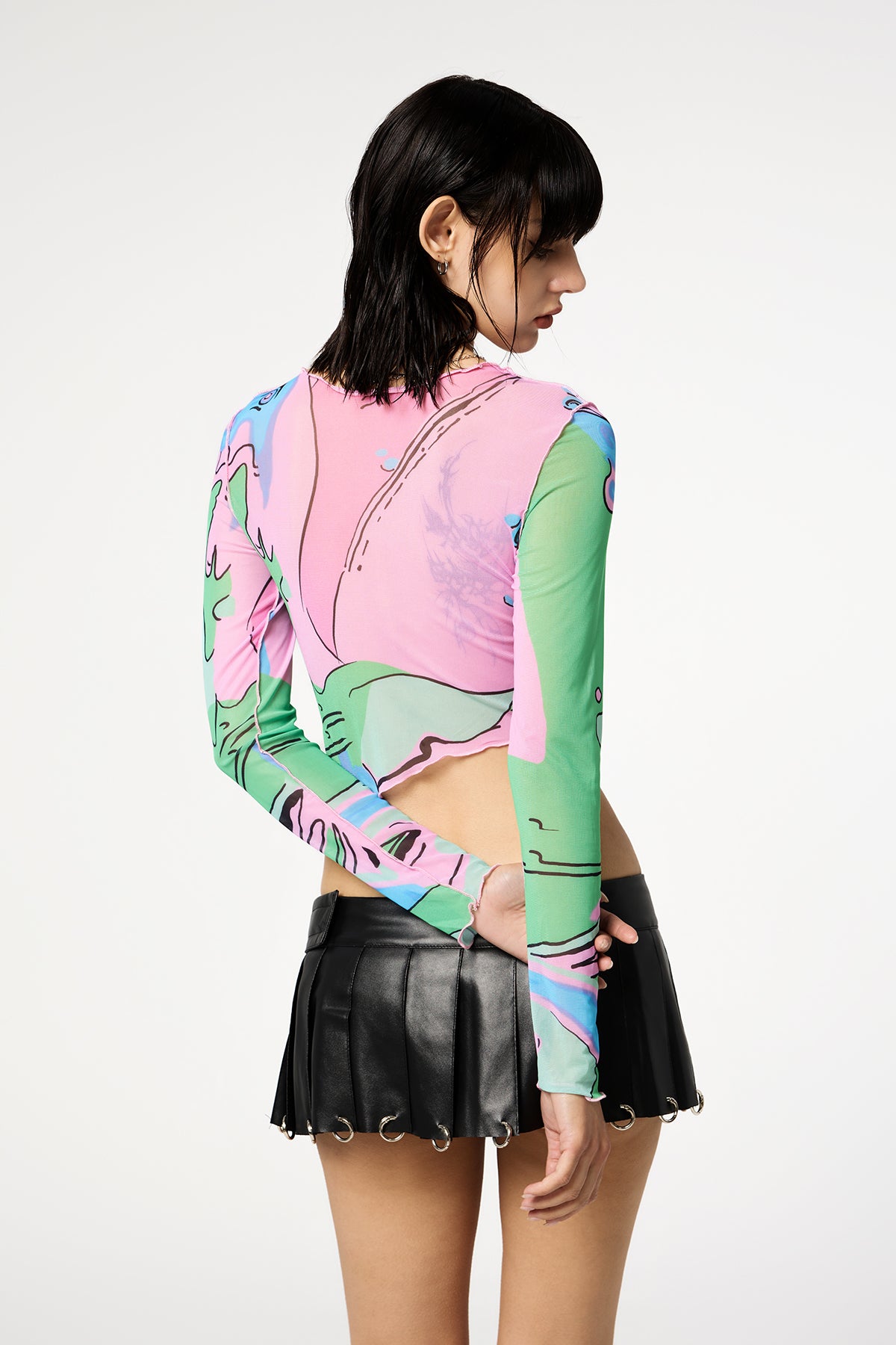 Contrast Mark Long Sleeve Y2K Printed Ruffle Crop Top
