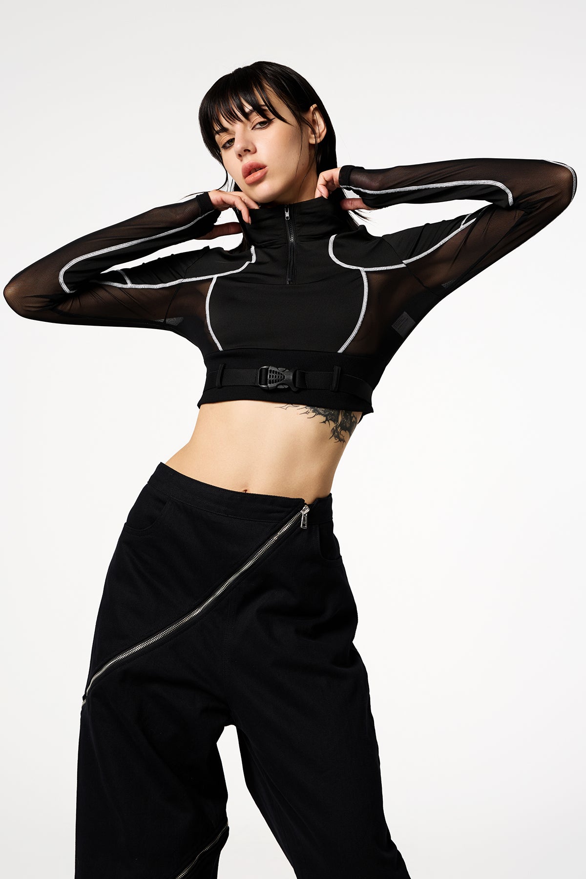 Contrast Net Long Sleeve Cutout Zipper Top