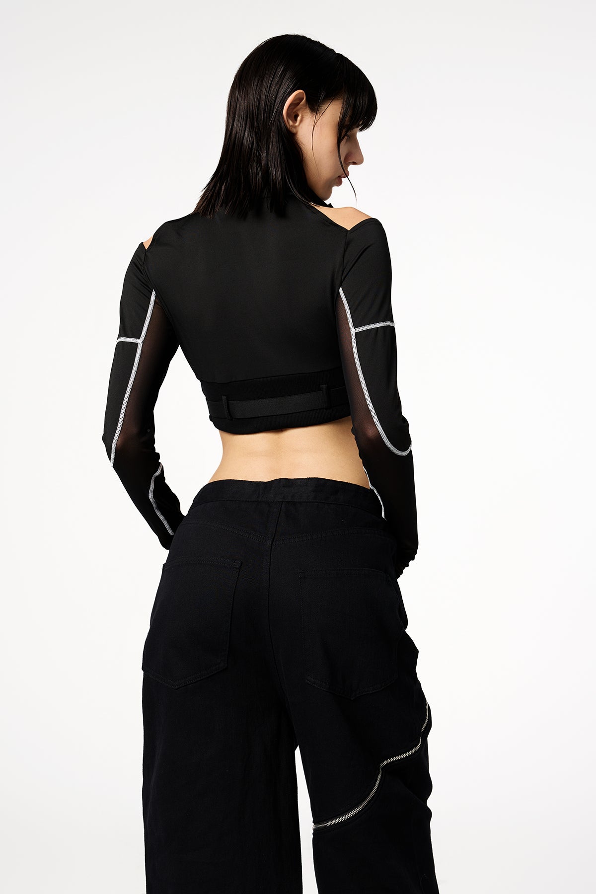 Contrast Net Long Sleeve Cutout Zipper Top