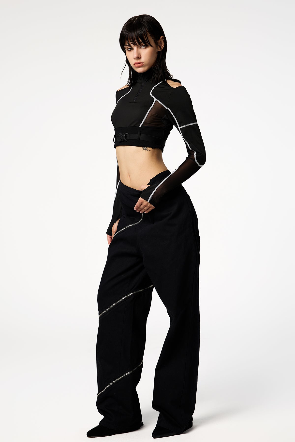 Contrast Net Long Sleeve Cutout Zipper Top